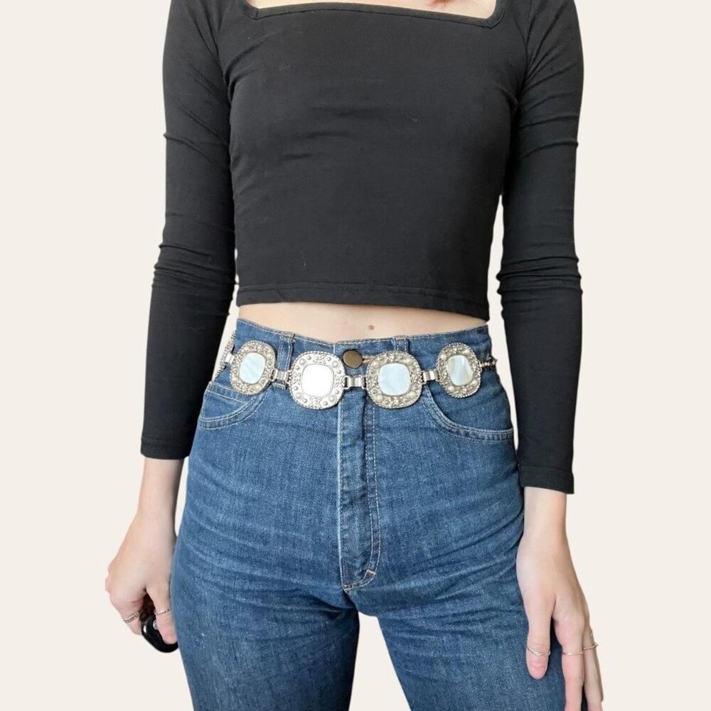 Vintage inlaid mother of pearl chain belt